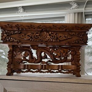 Hand Carved Wooden Tibetan Alter Table with Dragon Motif - Brown